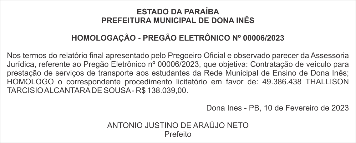 PREFEITURA MUNICIPAL DE DONA INÊS – HOMOLOGAÇÃO – PREGÃO ELETRÔNICO Nº 00006/2023