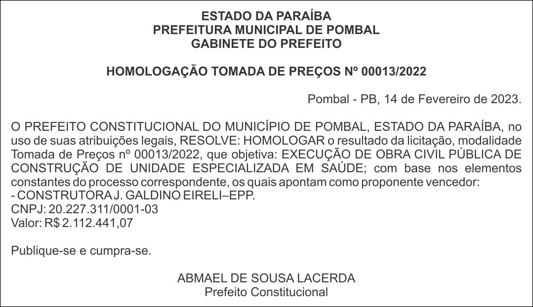 PREFEITURA MUNICIPAL DE POMBAL – HOMOLOGAÇÃO – TOMADA DE PREÇOS Nº 00013/2022