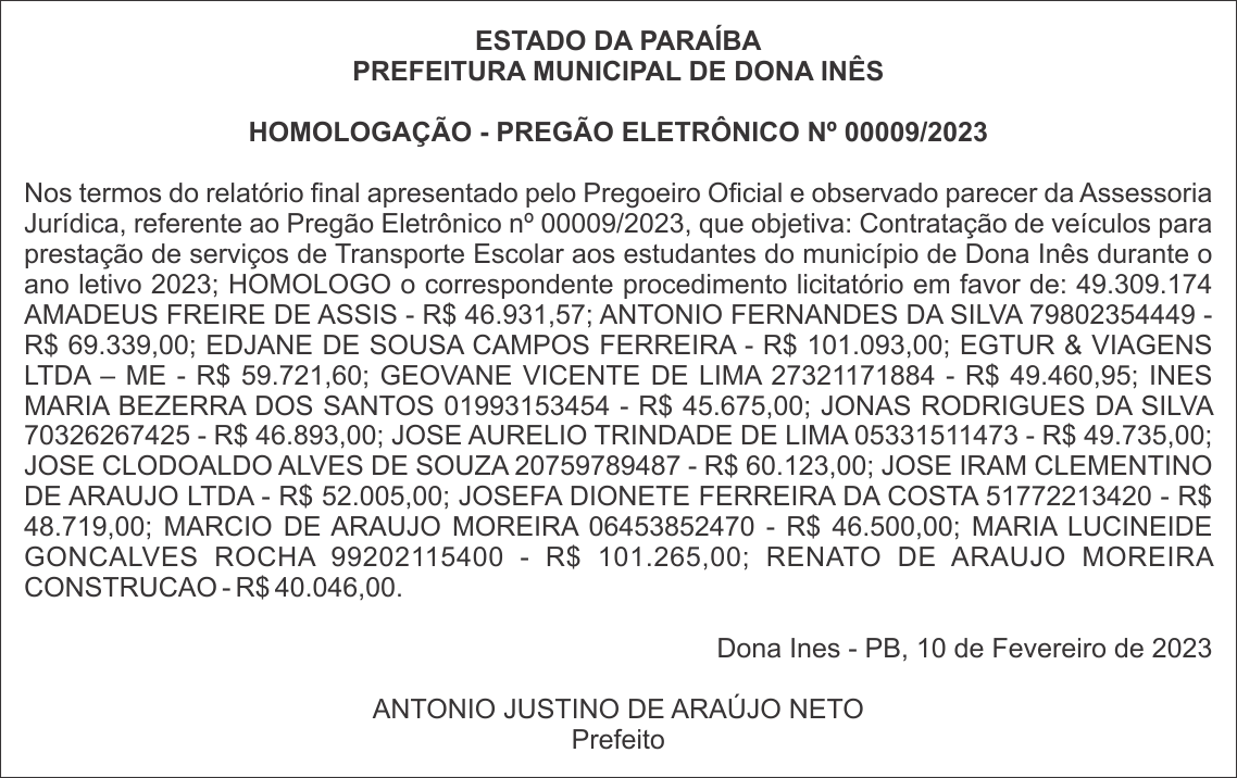 PREFEITURA MUNICIPAL DE DONA INÊS   HOMOLOGAÇÃO – PREGÃO ELETRÔNICO Nº 00009/2023