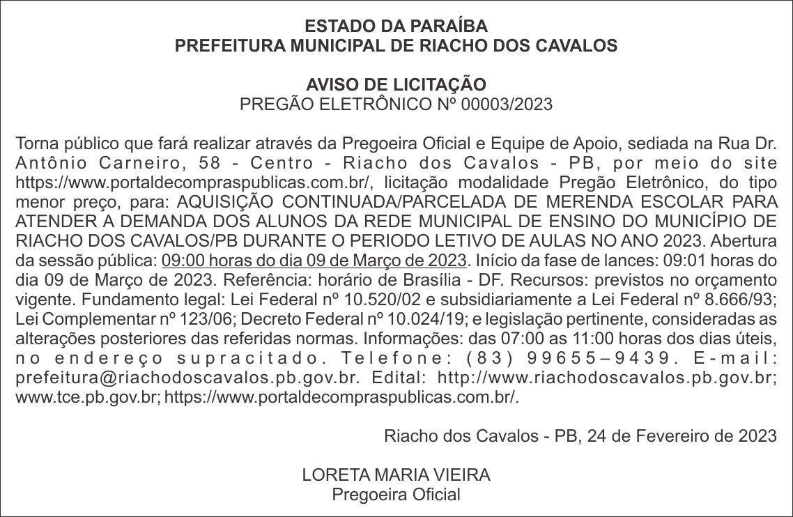 PREFEITURA MUNICIPAL DE RIACHO DOS CAVALOS – AVISO DE LICITAÇÃO – PREGÃO ELETRÔNICO Nº 00003/2023
