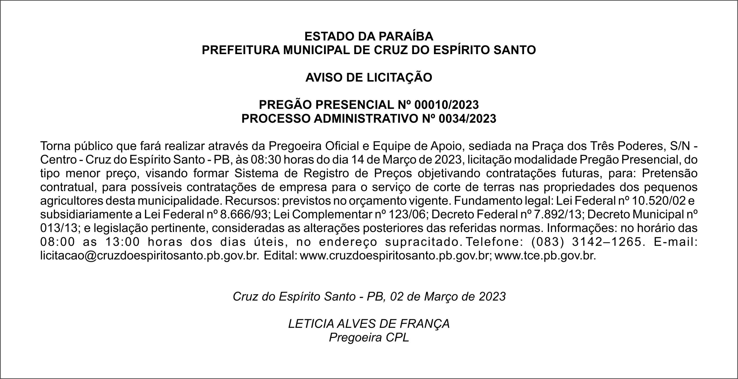 Prefeitura Municipal De Cruz Do EspÍrito Santo Aviso De LicitaÇÃo PregÃo Presencial Nº 00010 0404