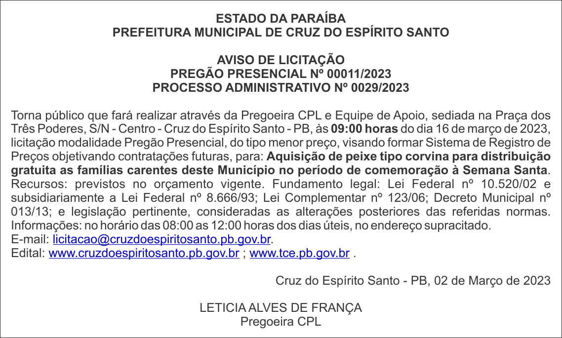 PREFEITURA MUNICIPAL DE CRUZ DO ESPÍRITO SANTO – AVISO DE LICITAÇÃO – PREGÃO PRESENCIAL Nº 00011/2023