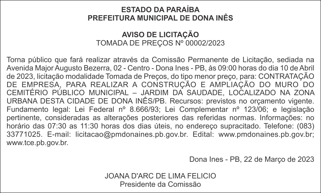 PREFEITURA MUNICIPAL DE DONA INÊS – AVISO DE LICITAÇÃO – TOMADA DE PREÇOS Nº 00002/2023