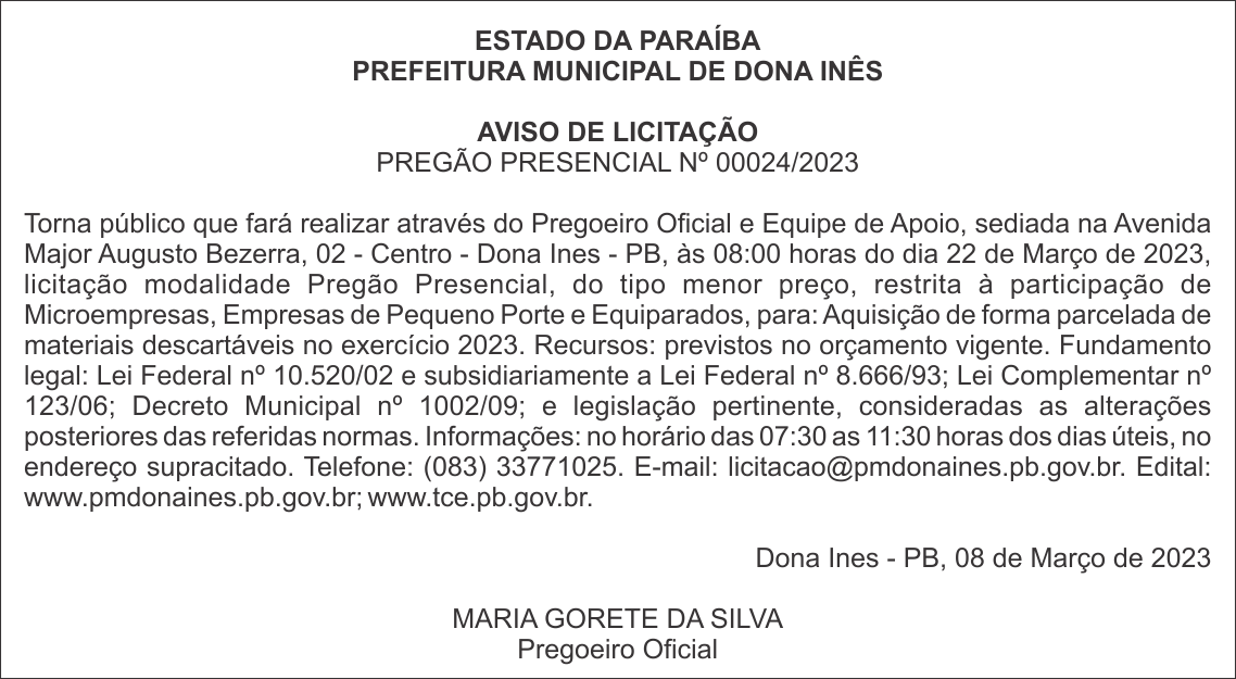 PREFEITURA MUNICIPAL DE DONA INÊS – AVISO DE LICITAÇÃO – PREGÃO PRESENCIAL Nº 00024/2023