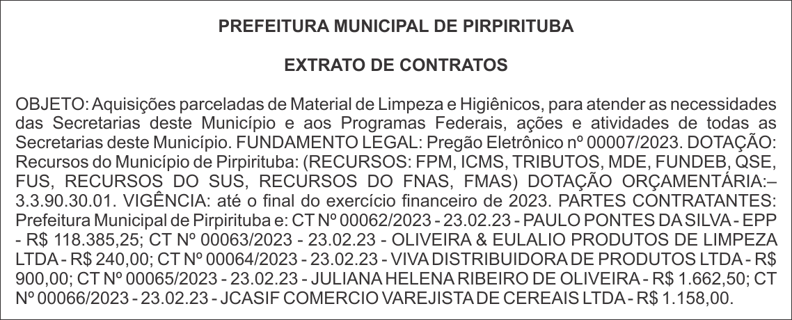 PREFEITURA MUNICIPAL DE PIRPIRITUBA – EXTRATO DE CONTRATOS