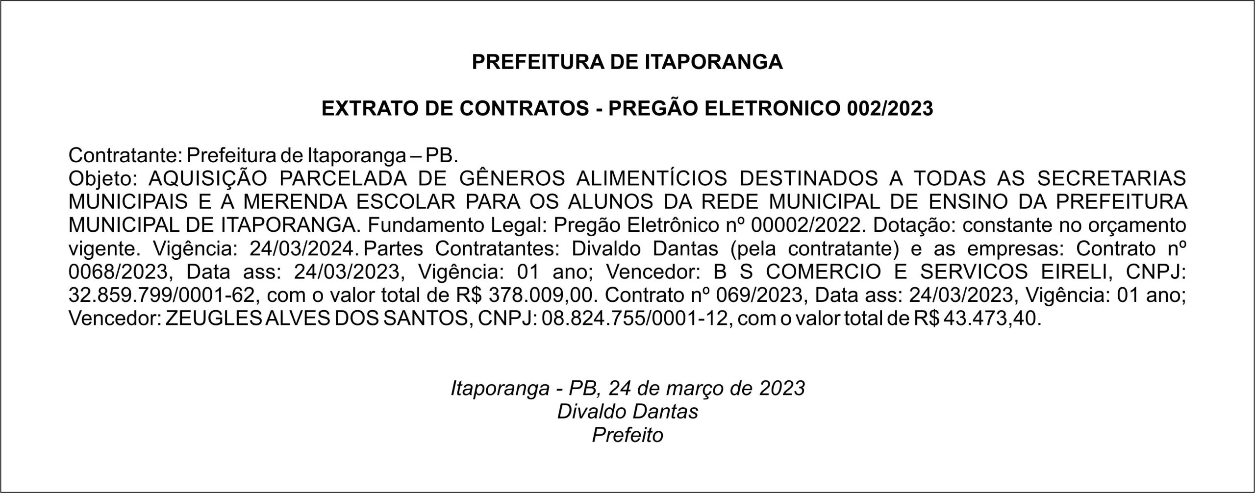 PREFEITURA MUNICIPAL DE ITAPORANGA – EXTRATO DE CONTRATOS – PREGÃO ELETRONICO 002/2023