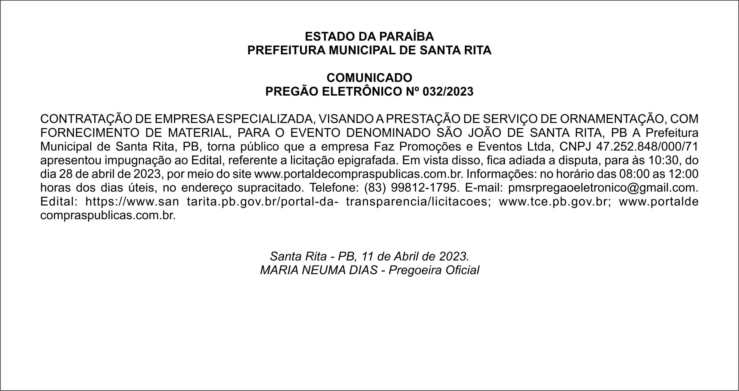 PREFEITURA MUNICIPAL DE SANTA RITA  – COMUNICADO – PREGÃO ELETRÔNICO Nº 032/2023