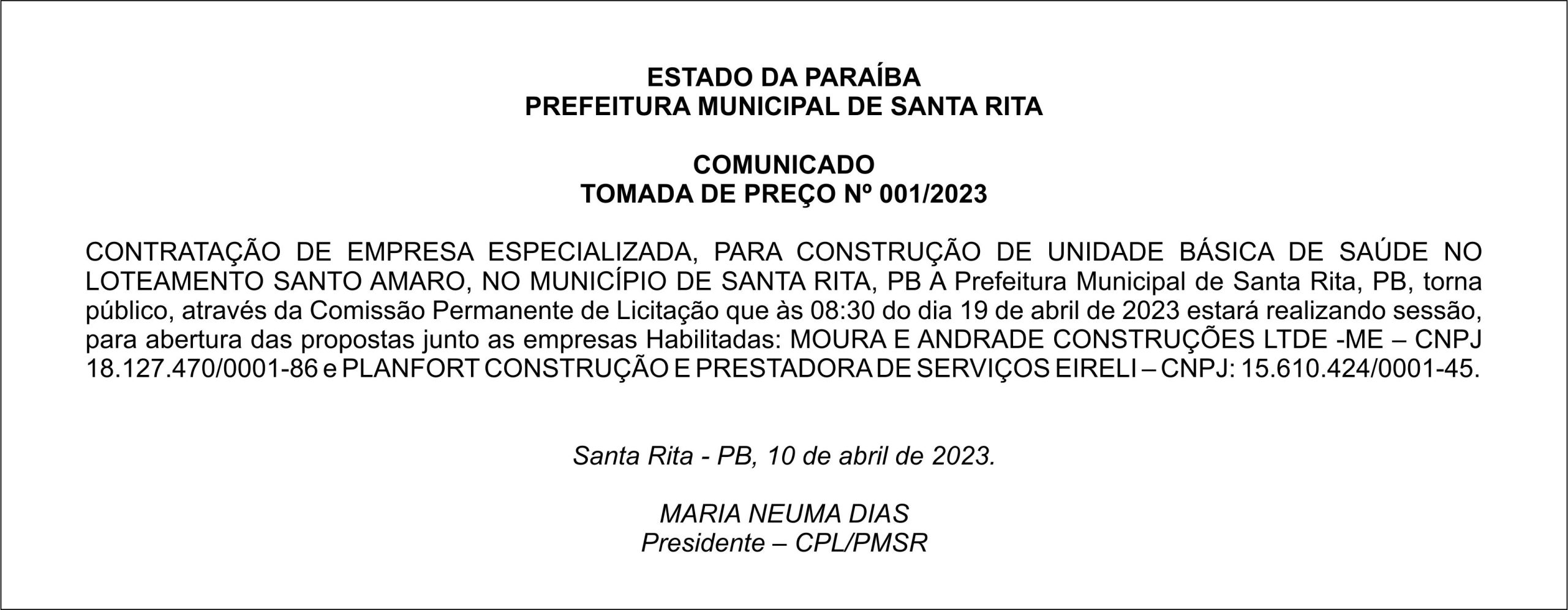 PREFEITURA MUNICIPAL DE SANTA RITA – COMUNICADO – TOMADA DE PREÇO Nº 001/2023