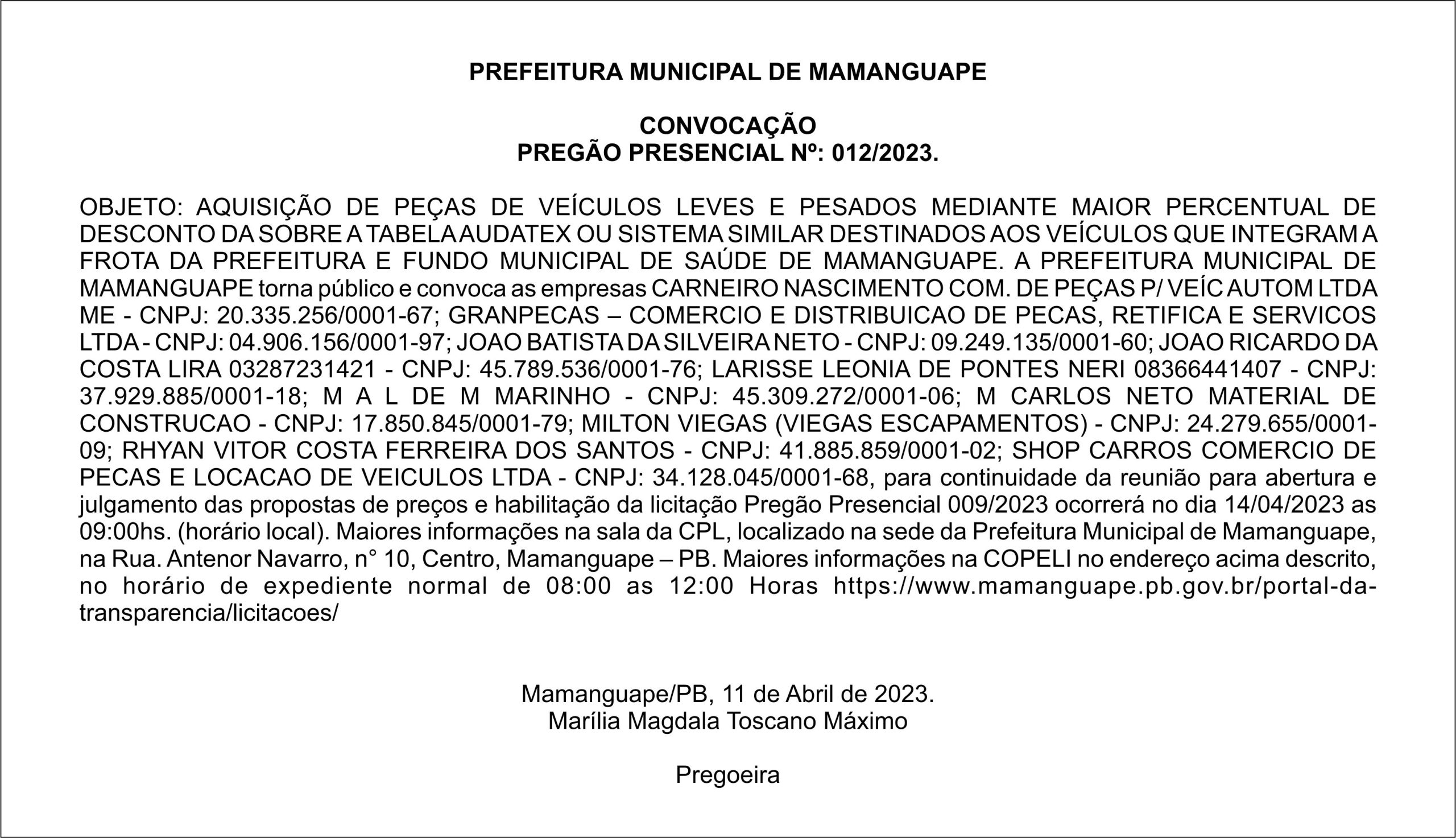 PREFEITURA MUNICIPAL DE MAMANGUAPE – CONVOCAÇÃO  – PREGÃO PRESENCIAL Nº: 012/2023.