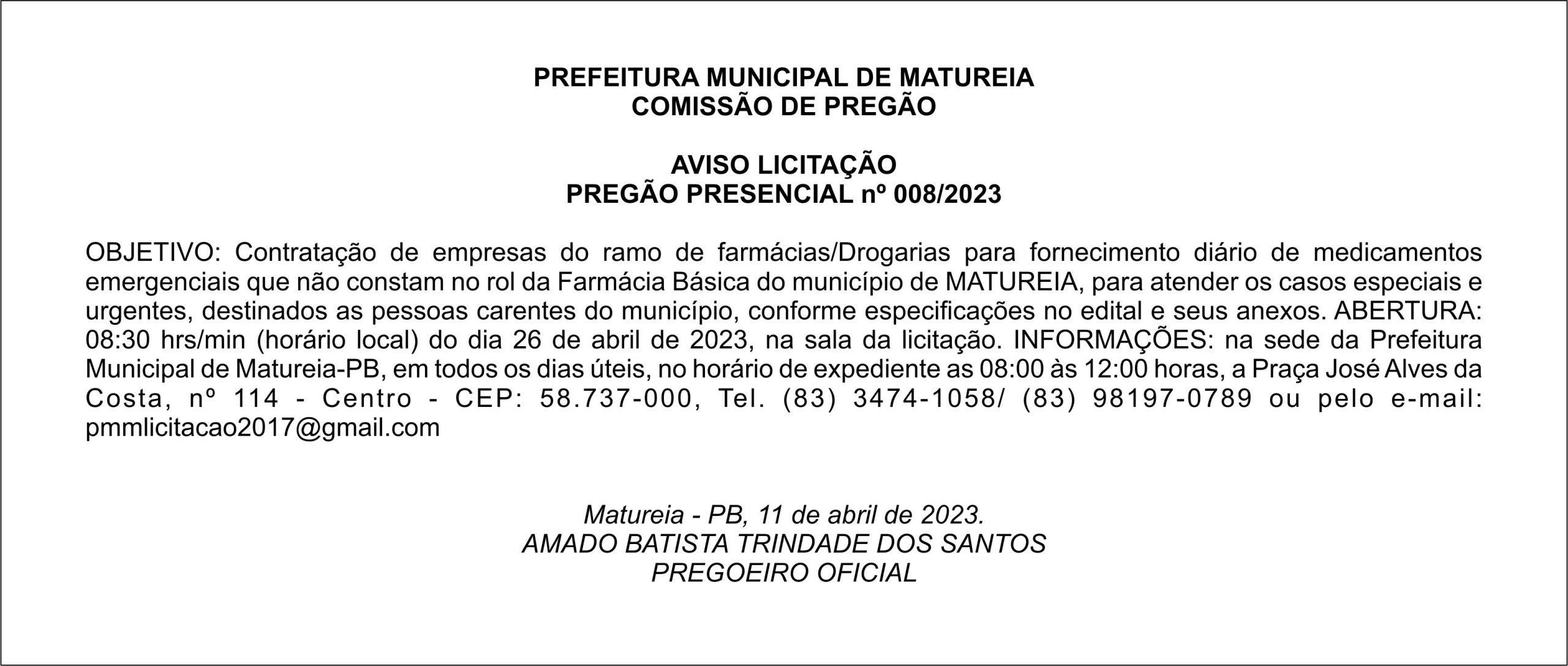 PREFEITURA MUNICIPAL DE MATUREIA – AVISO LICITAÇÃO – PREGÃO PRESENCIAL nº 008/2023