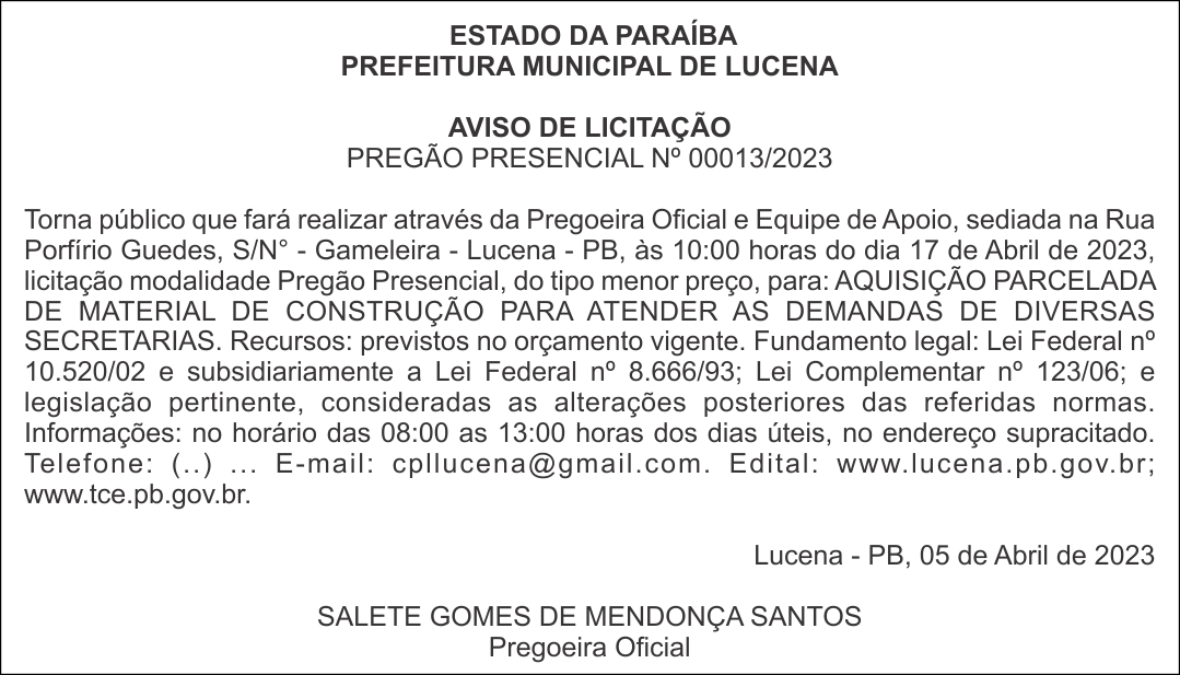 PREFEITURA MUNICIPAL DE LUCENA – AVISO DE LICITAÇÃO – PREGÃO PRESENCIAL Nº 00013/2023