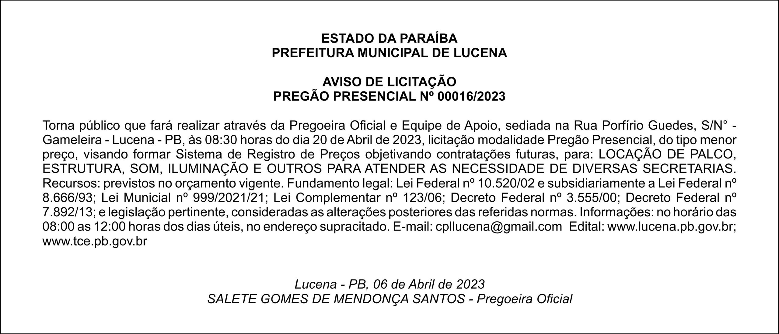 PREFEITURA MUNICIPAL DE LUCENA – AVISO DE LICITAÇÃO – PREGÃO PRESENCIAL Nº 00016/2023