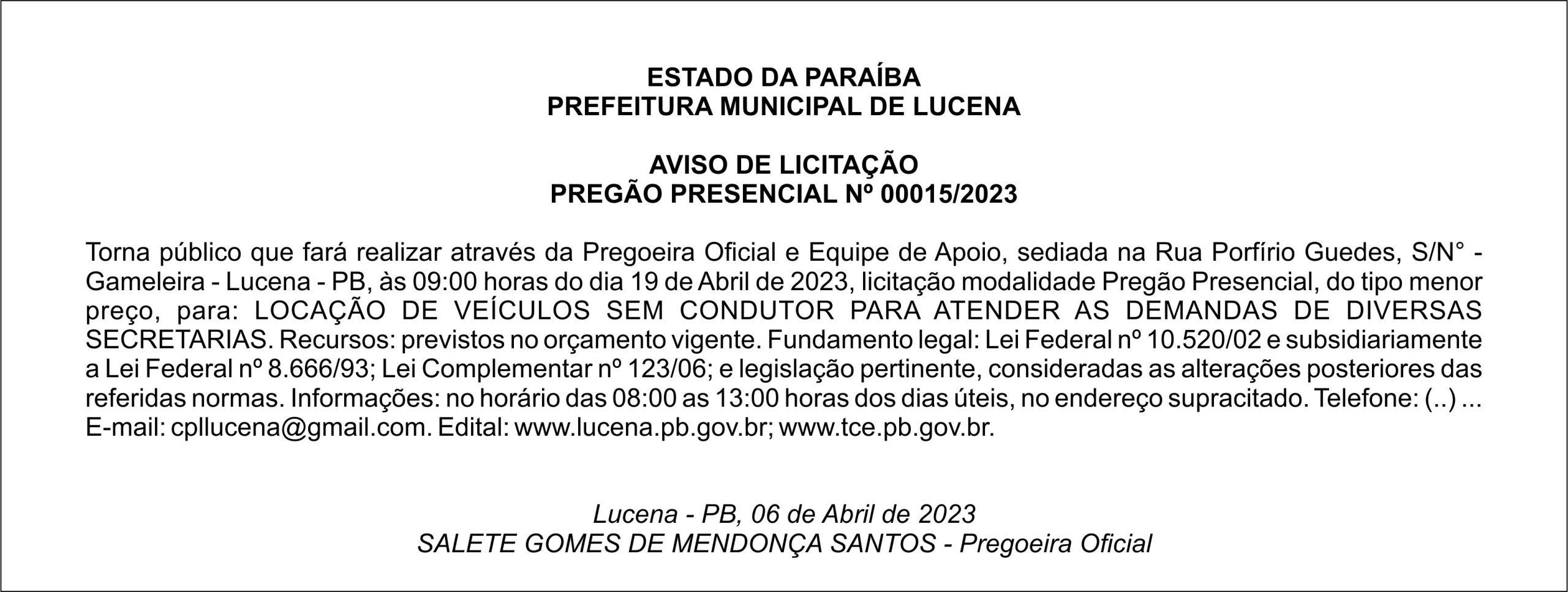 PREFEITURA MUNICIPAL DE LUCENA – AVISO DE LICITAÇÃO – PREGÃO PRESENCIAL Nº 00015/2023