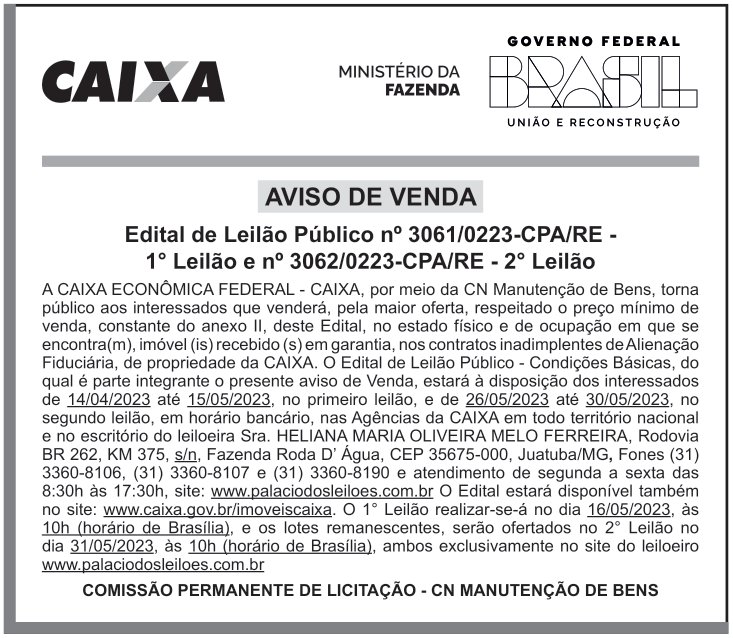 CAIXA ECONÔMICA FEDERAL – DF – BRASILIA – Edital de Leilão Público n° 3061/0223-CPA/RE – 1° LEILÃO e n° 3062/0223-CPA/RE – 2° LEILÃO