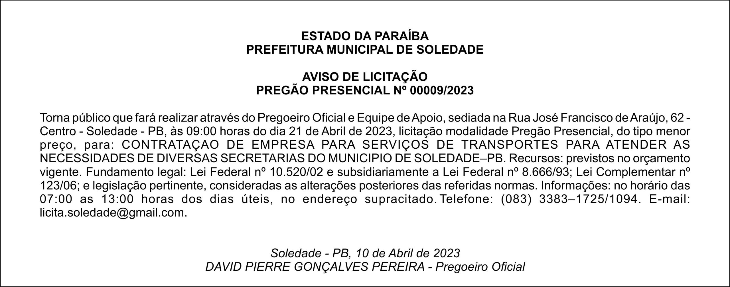 PREFEITURA MUNICIPAL DE SOLEDADE – AVISO DE LICITAÇÃO – PREGÃO PRESENCIAL Nº 00009/2023