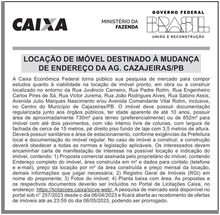CAIXA ECONÔMICA FEDERAL – DF – BRASILIA – LOCAÇÃO DE IMÓVEL DESTINADO À MUDANÇA DE ENDEREÇO DA AG. CAZAJEIRAS/PB
