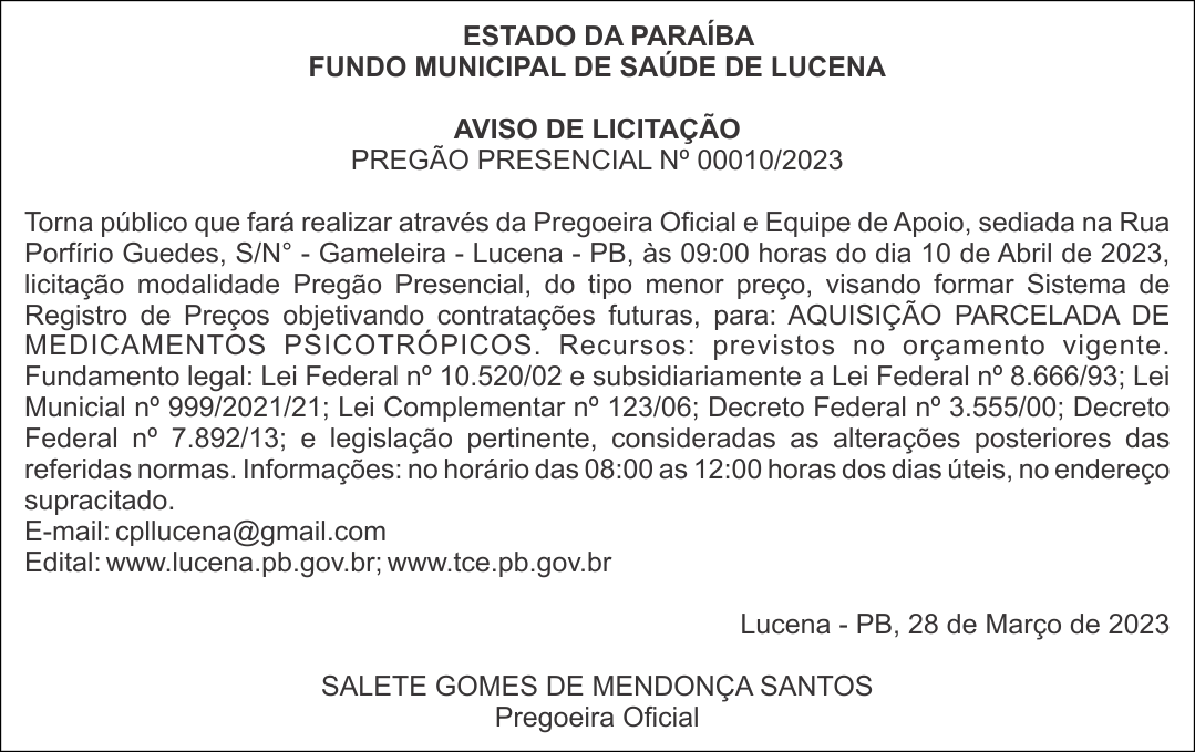 FUNDO MUNICIPAL DE SAÚDE DE LUCENA – AVISO DE LICITAÇÃO – PREGÃO PRESENCIAL Nº 00010/2023