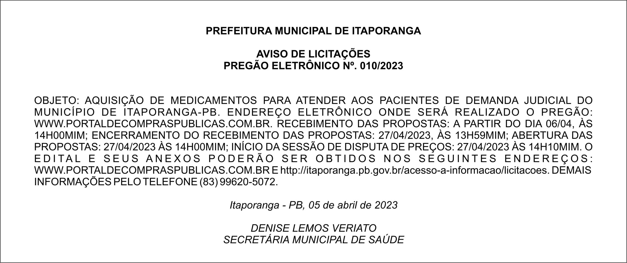 PREFEITURA MUNICIPAL DE ITAPORANGA – AVISO DE LICITAÇÕES – PREGÃO ELETRÔNICO Nº. 010/2023