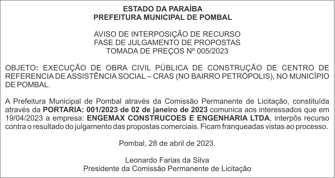 PREFEITURA MUNICIPAL DE POMBAL – AVISO DE INTERPOSIÇÃO DE RECURSO – FASE DE JULGAMENTO DE PROPOSTAS – TOMADA DE PREÇOS Nº 005/2023