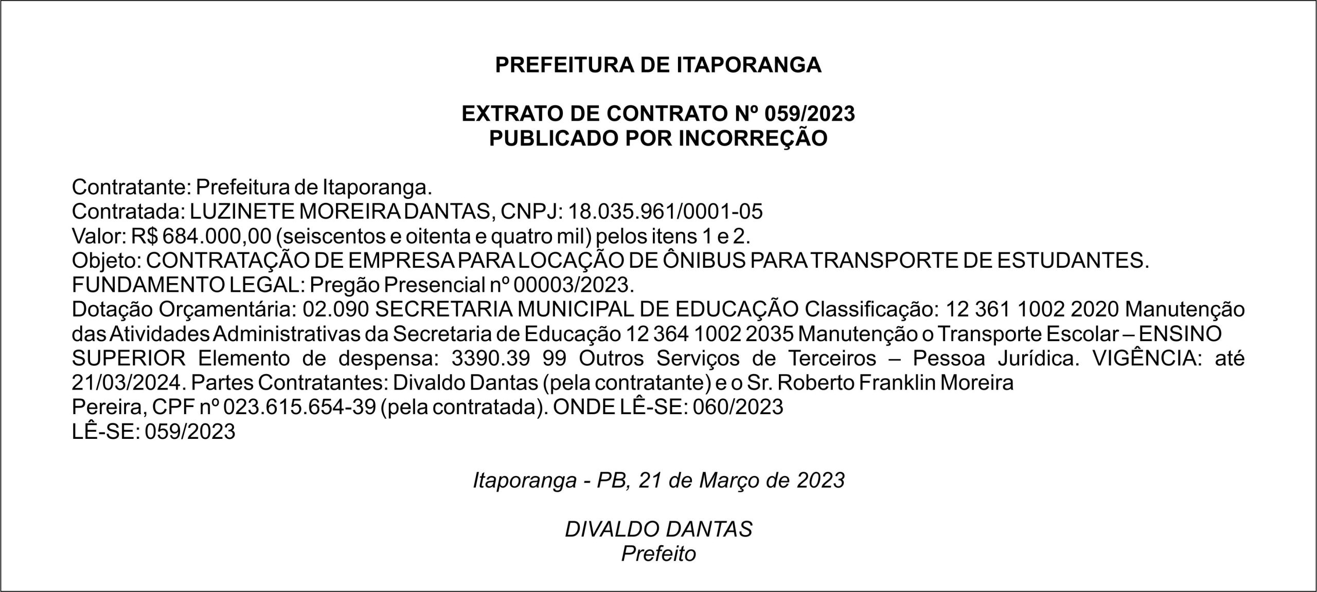 PREFEITURA MUNICIPAL DE ITAPORANGA – EXTRATO DE CONTRATO Nº 059/2023- PUBLICADO POR INCORREÇÃO