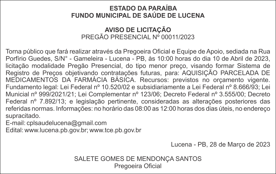 FUNDO MUNICIPAL DE SAÚDE DE LUCENA – AVISO DE LICITAÇÃO – PREGÃO PRESENCIAL Nº 00011/2023