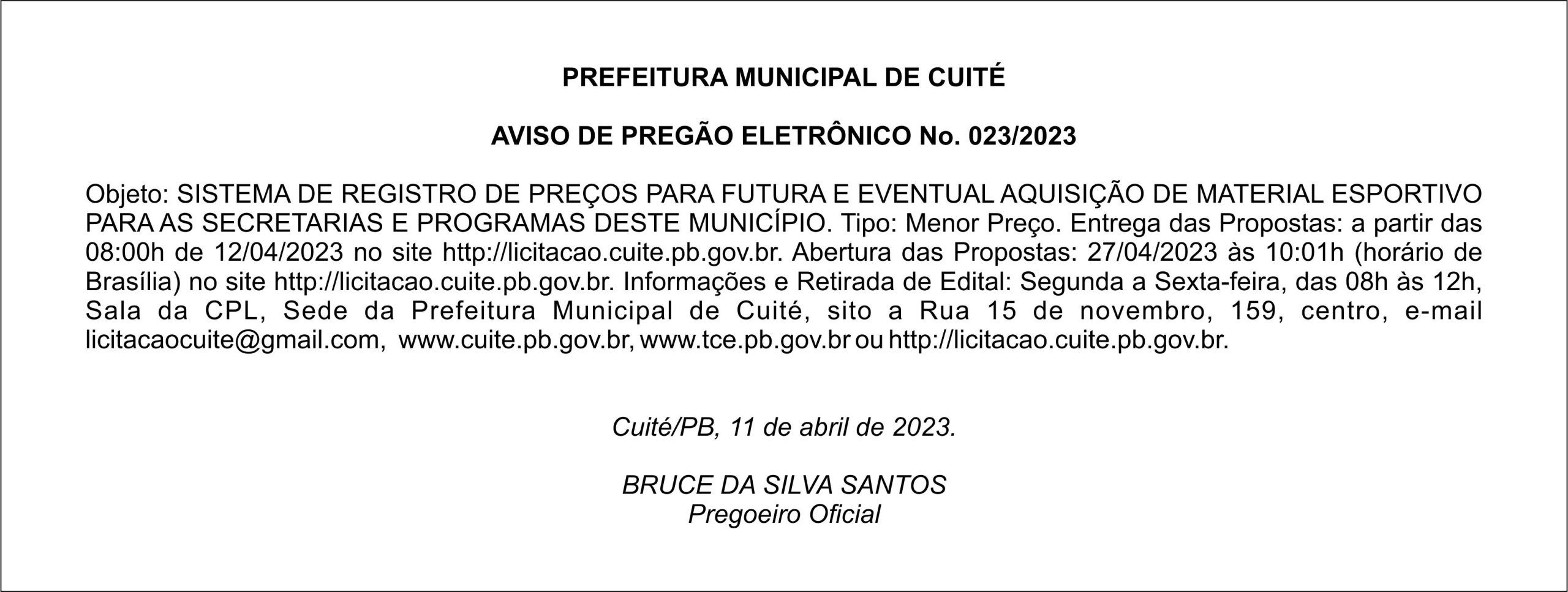 PREFEITURA MUNICIPAL DE CUITÉ – AVISO DE PREGÃO ELETRÔNICO N°. 023/2023