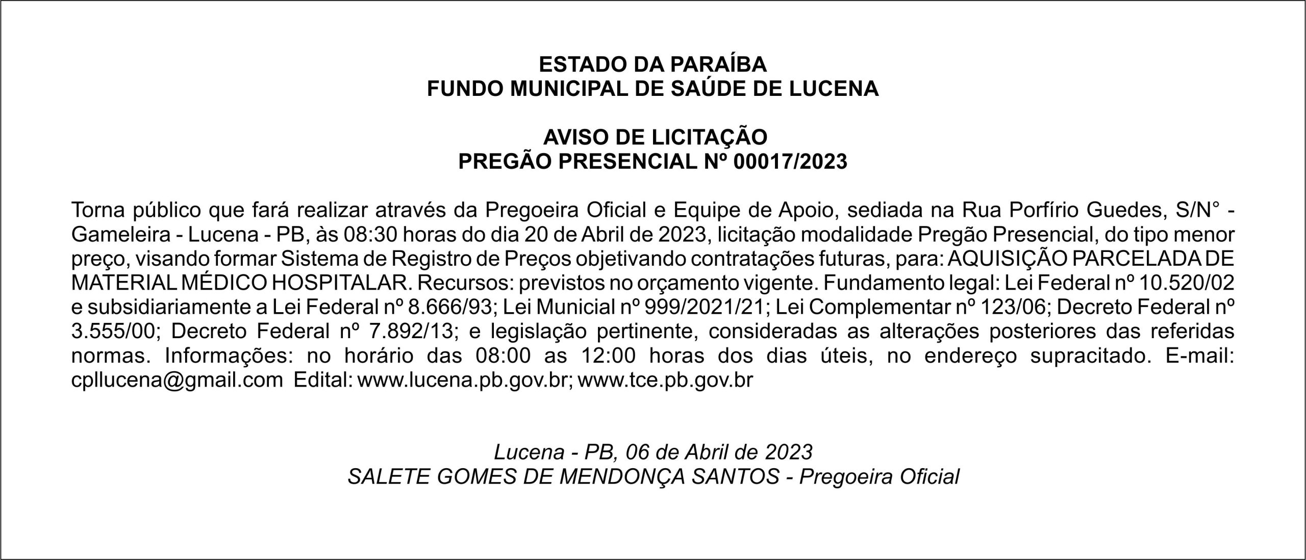 FUNDO MUNICIPAL DE SAÚDE DE LUCENA  – AVISO DE LICITAÇÃO – PREGÃO PRESENCIAL Nº 00017/2023