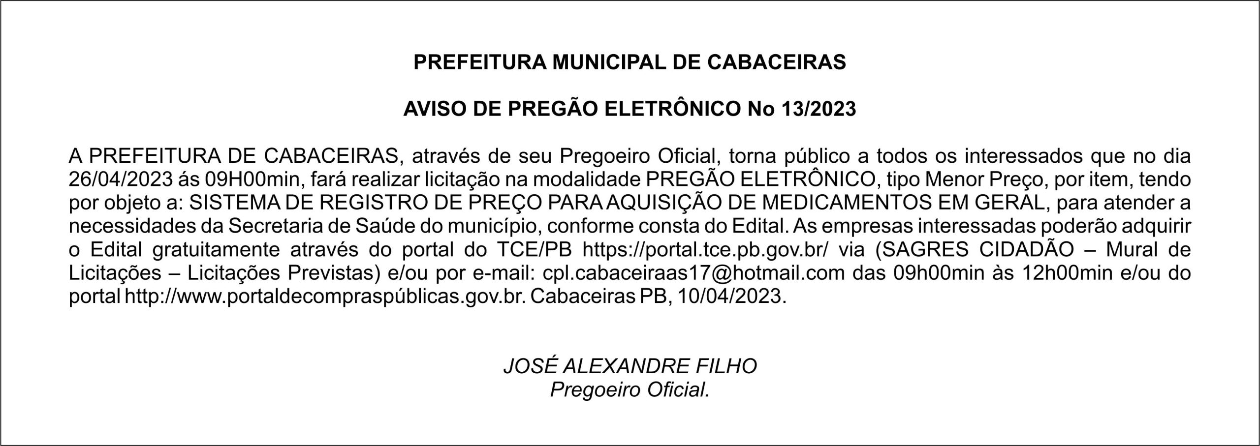 PREFEITURA MUNICIPAL DE CABACEIRAS – AVISO DE PREGÃO ELETRÔNICO N° 13/2023