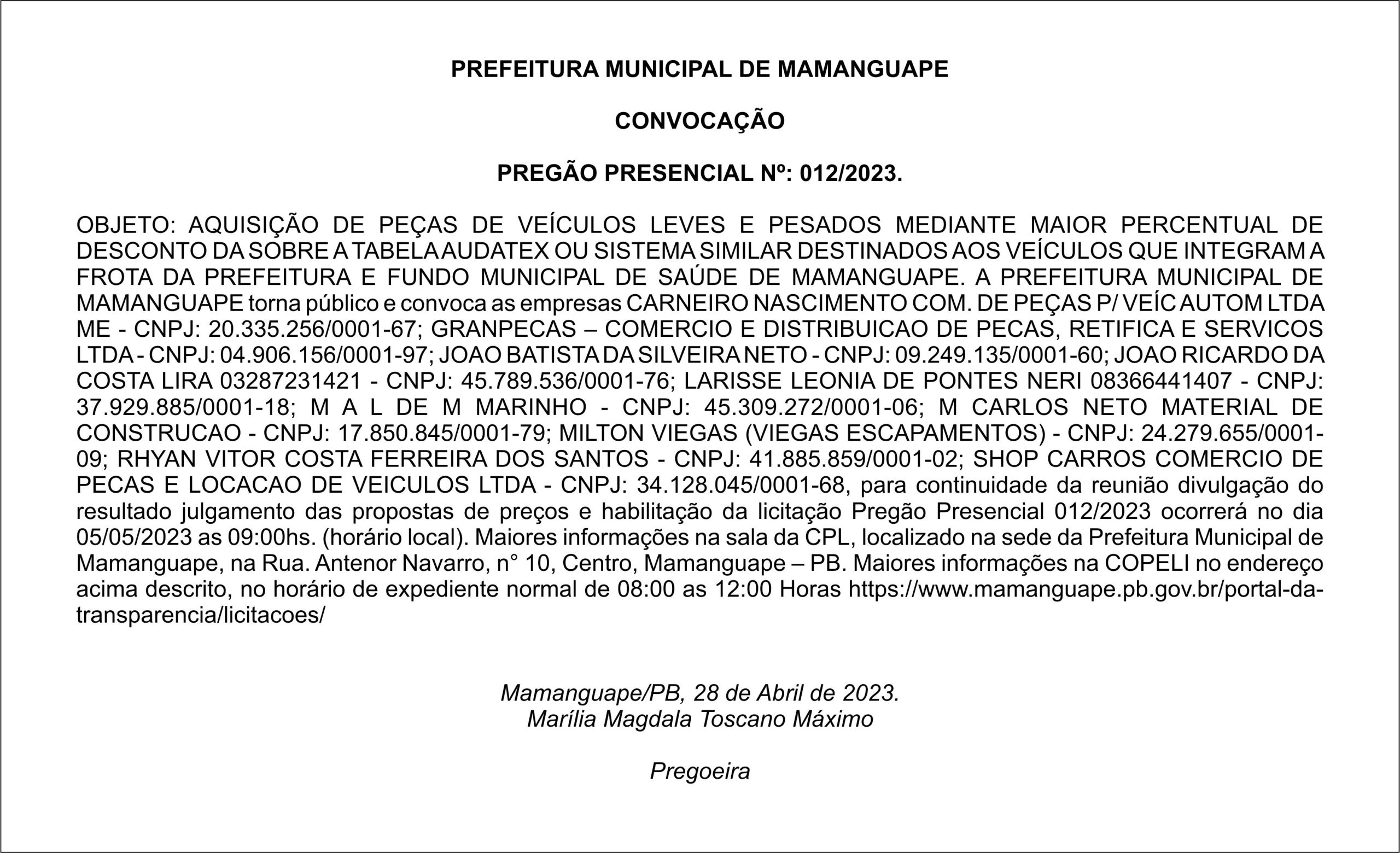 PREFEITURA MUNICIPAL DE MAMANGUAPE – CONVOCAÇÃO – PREGÃO PRESENCIAL Nº: 012/2023