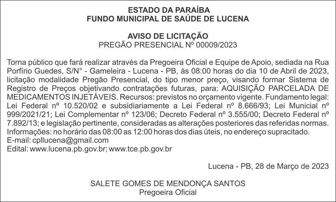 FUNDO MUNICIPAL DE SAÚDE DE LUCENA  – AVISO DE LICITAÇÃO – PREGÃO PRESENCIAL Nº 00009/2023