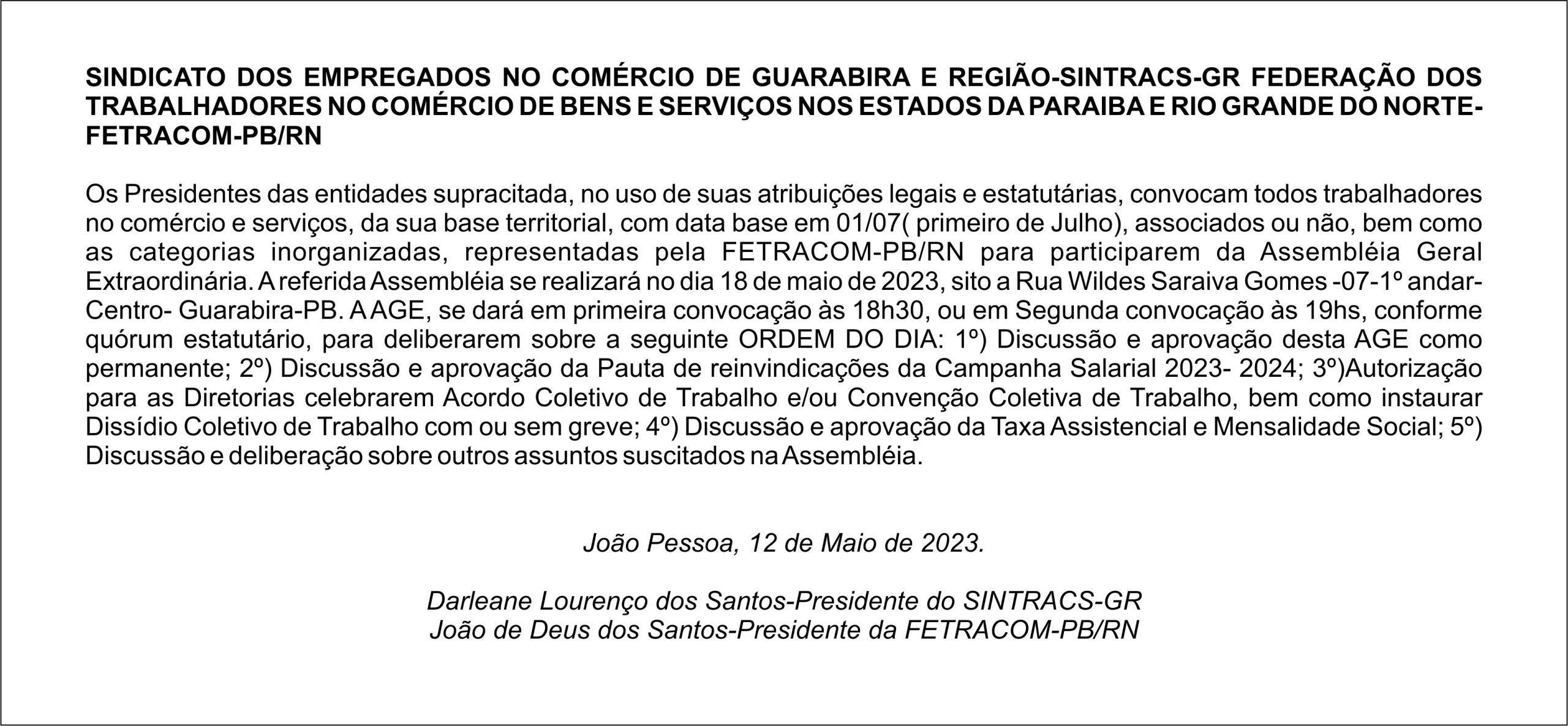 SINTRACS – GR / FETRACOM-PB/RN – Edital de Assembleia Geral Extraordinária