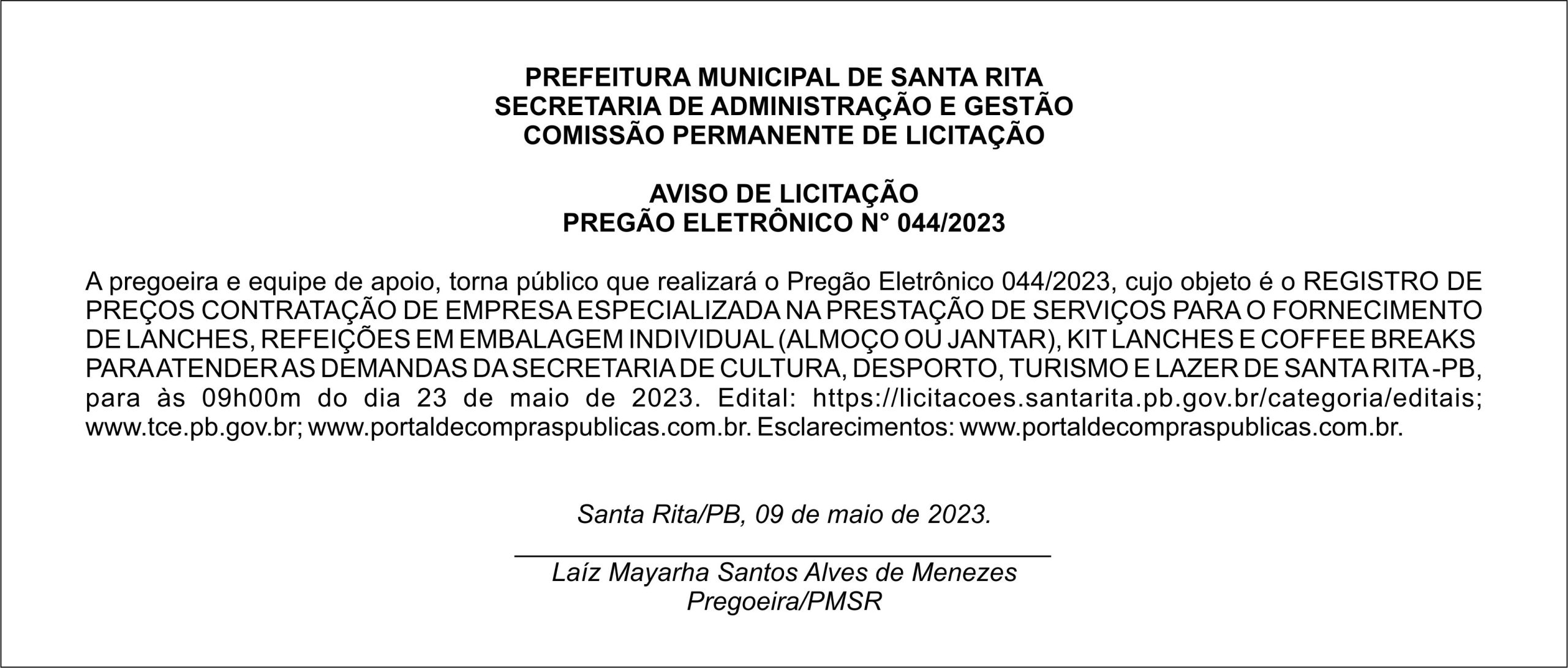 PREFEITURA MUNICIPAL DE SANTA RITA – AVISO DE LICITAÇÃO – PREGÃO ELETRÔNICO N° 044/2023