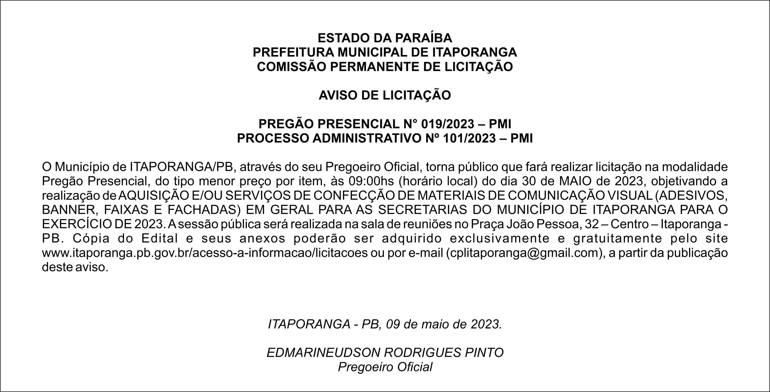 PREFEITURA MUNICIPAL DE ITAPORANGA – AVISO DE LICITAÇÃO  – PREGÃO PRESENCIAL N° 019/2023 – PMI
