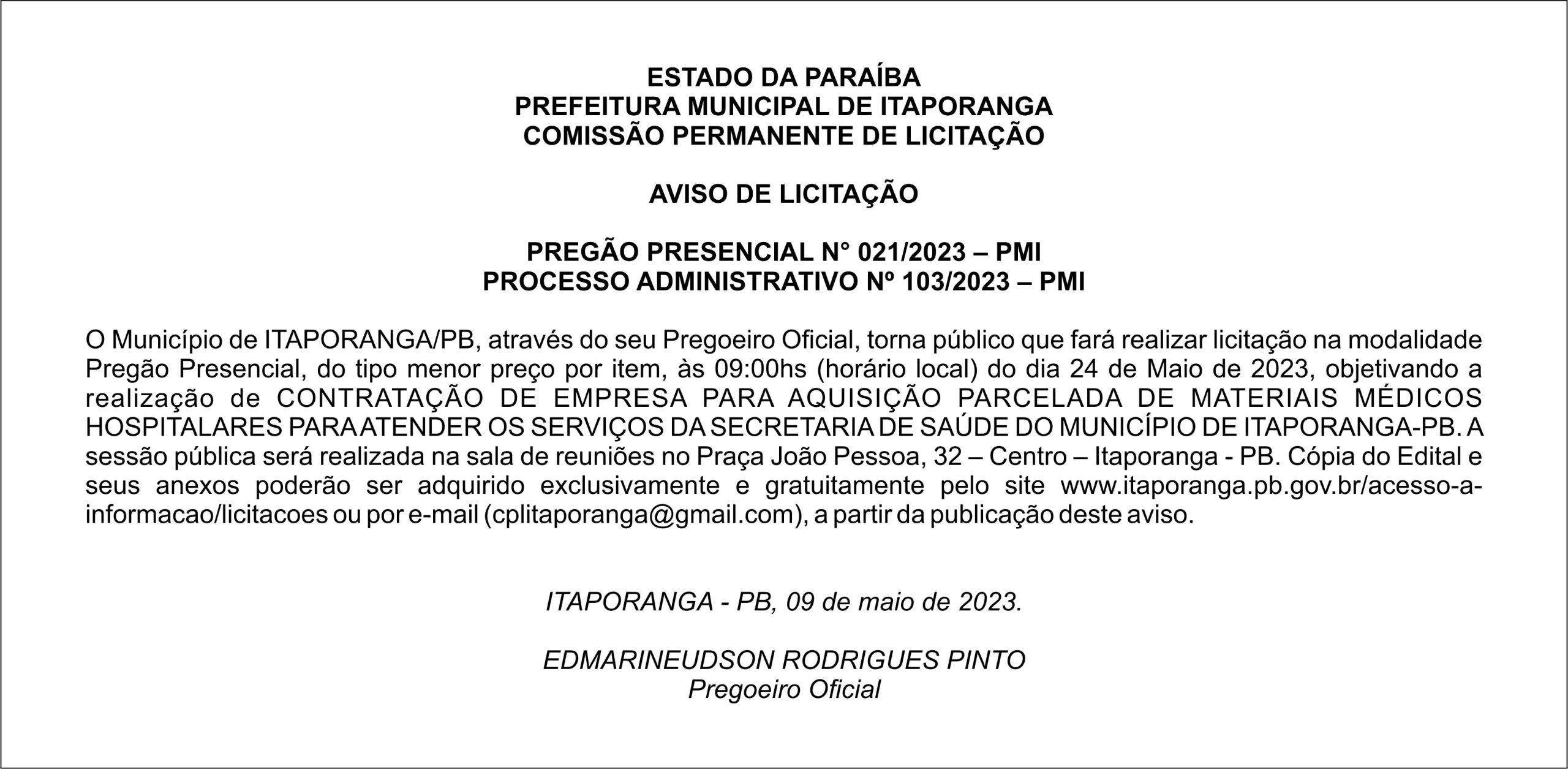 PREFEITURA MUNICIPAL DE ITAPORANGA – AVISO DE LICITAÇÃO – PREGÃO PRESENCIAL N° 021/2023 – PMI