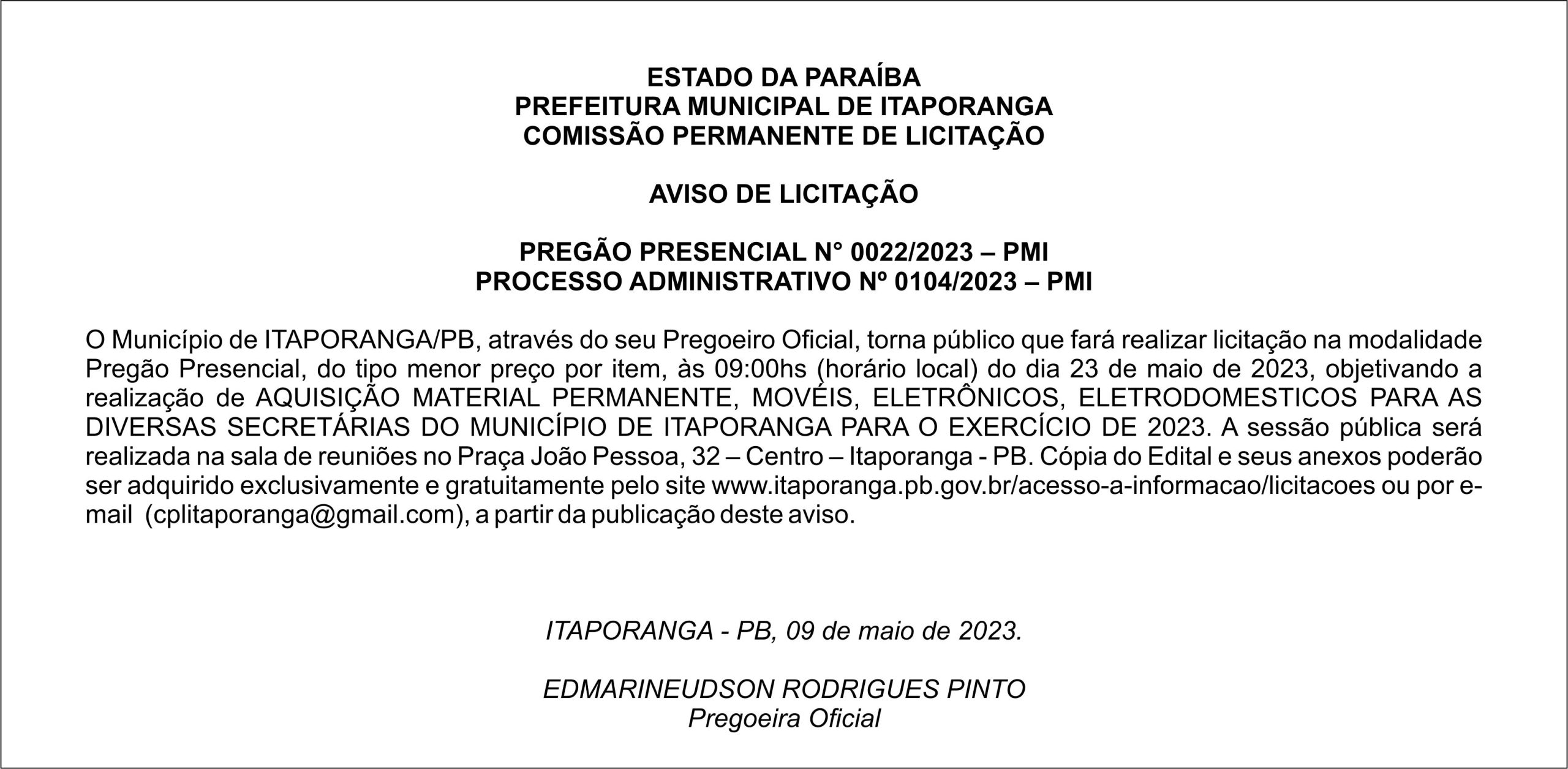 PREFEITURA MUNICIPAL DE ITAPORANGA – AVISO DE LICITAÇÃO – PREGÃO PRESENCIAL N° 0022/2023 – PMI