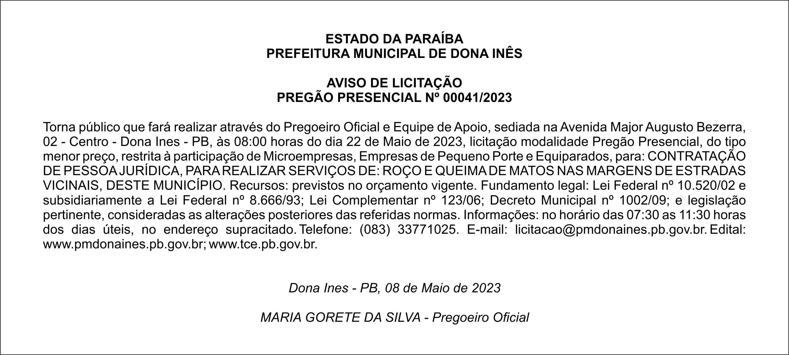 PREFEITURA MUNICIPAL DE DONA INÊS – AVISO DE LICITAÇÃO – PREGÃO PRESENCIAL Nº 00041/2023