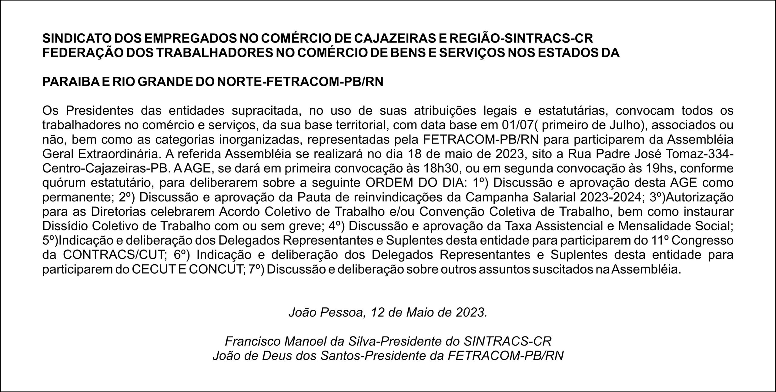 SINTRACS – CR / FETRACOM-PB/RN – Edital de Assembleia Geral Extraordinária