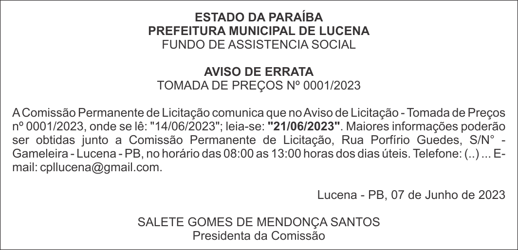 PREFEITURA MUNICIPAL DE LUCENA – FUNDO DE ASSISTÊNCIA SOCIAL – AVISO DE ERRATA – TOMADA DE PREÇOS Nº 0001/2023