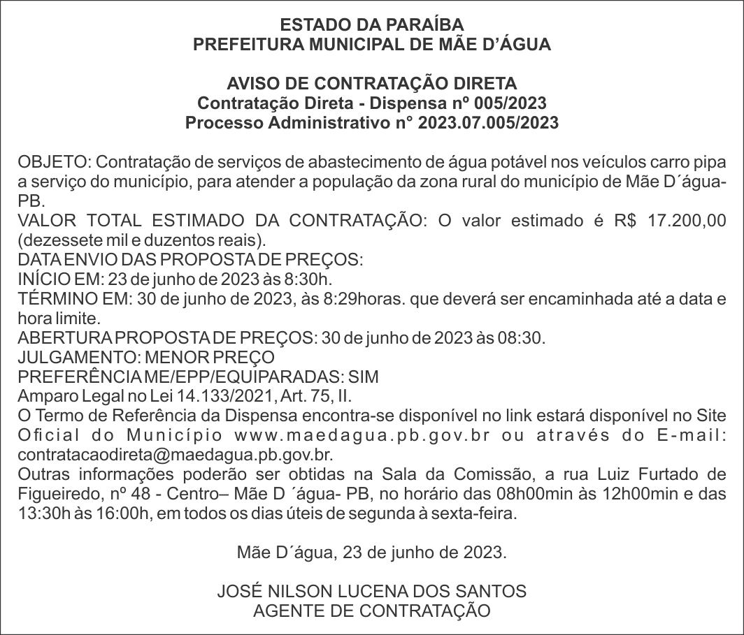 PREFEITURA MUNICIPAL DE MÃE D’ÁGUA – AVISO DE CONTRATAÇÃO DIRETA – Dispensa nº 005/2023