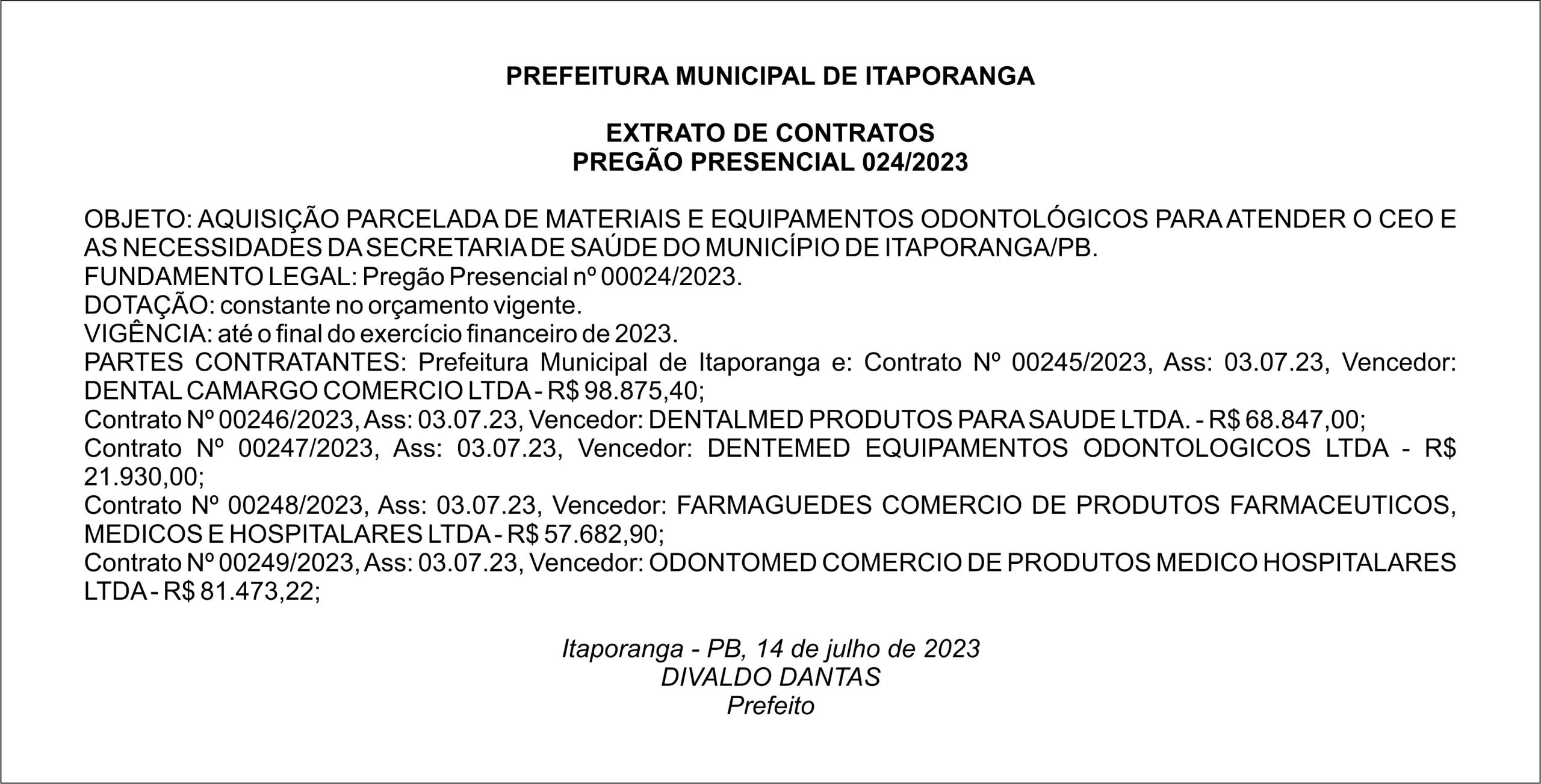 PREFEITURA MUNICIPAL DE ITAPORANGA – EXTRATO DE CONTRATOS – PREGÃO PRESENCIAL 024/2023
