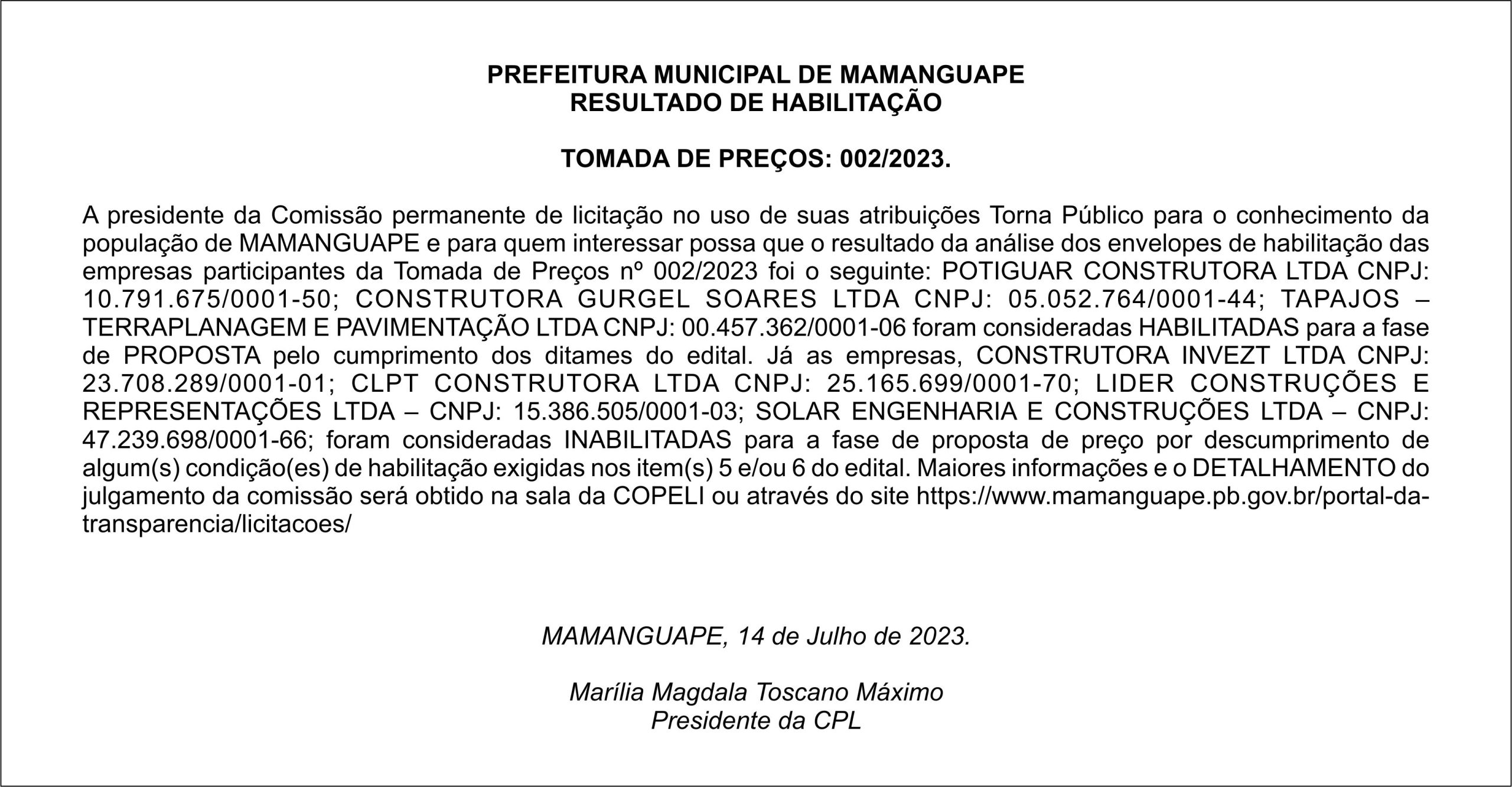 PREFEITURA MUNICIPAL DE MAMANGUAPE – RESULTADO DE HABILITAÇÃO – TOMADA DE PREÇOS: 002/2023.