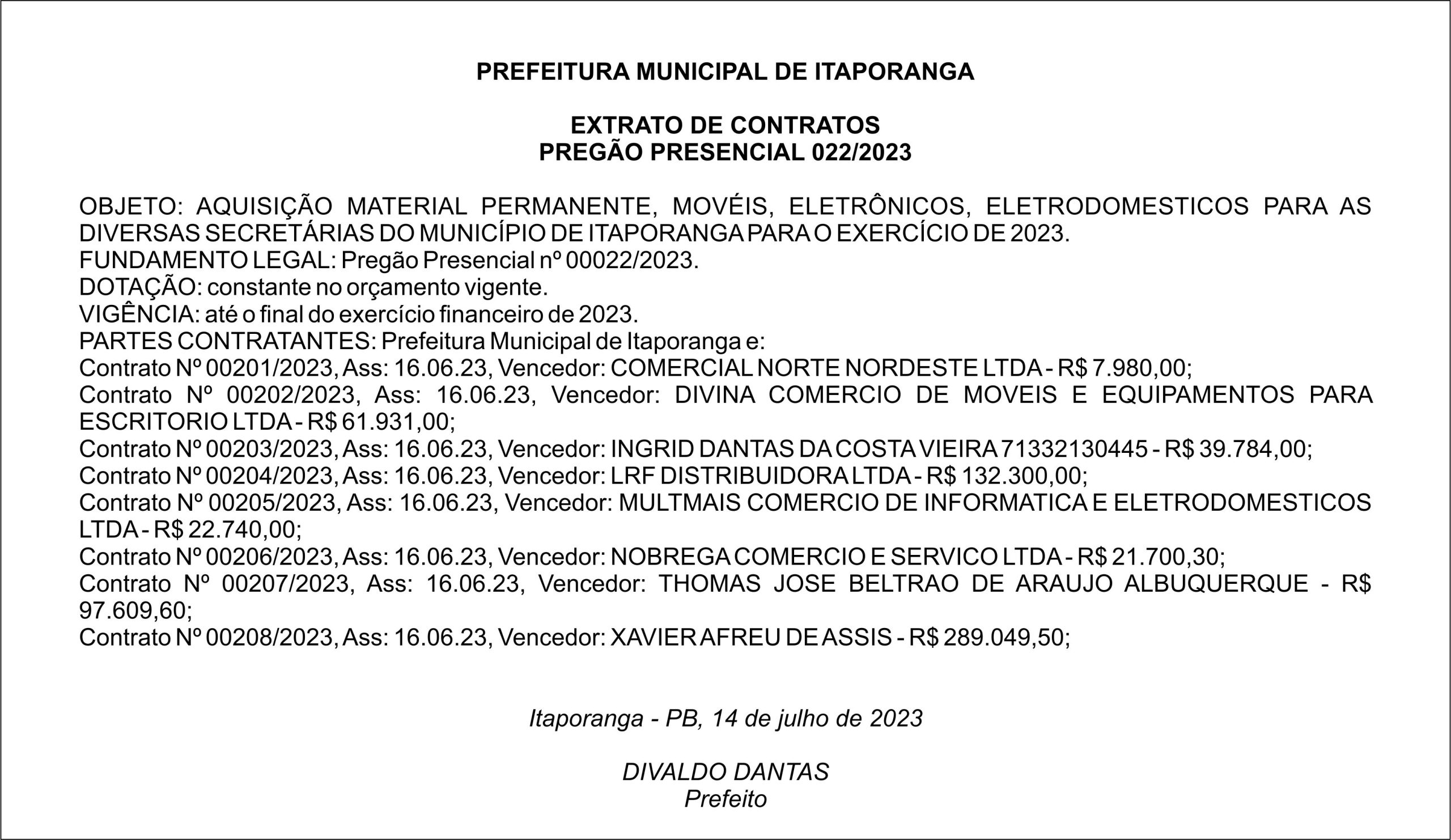 PREFEITURA MUNICIPAL DE ITAPORANGA – EXTRATO DE CONTRATOS – PREGÃO PRESENCIAL 022/2023