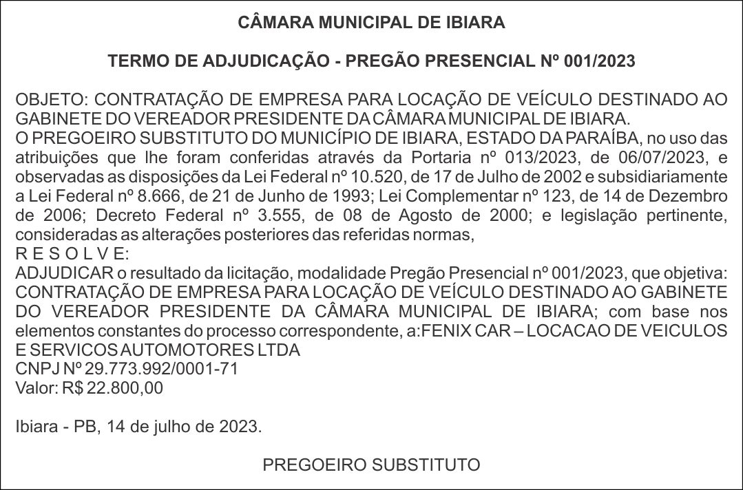 CÂMARA MUNICIPAL DE IBIARA – TERMO DE ADJUDICAÇÃO – PREGÃO PRESENCIAL Nº 001/2023