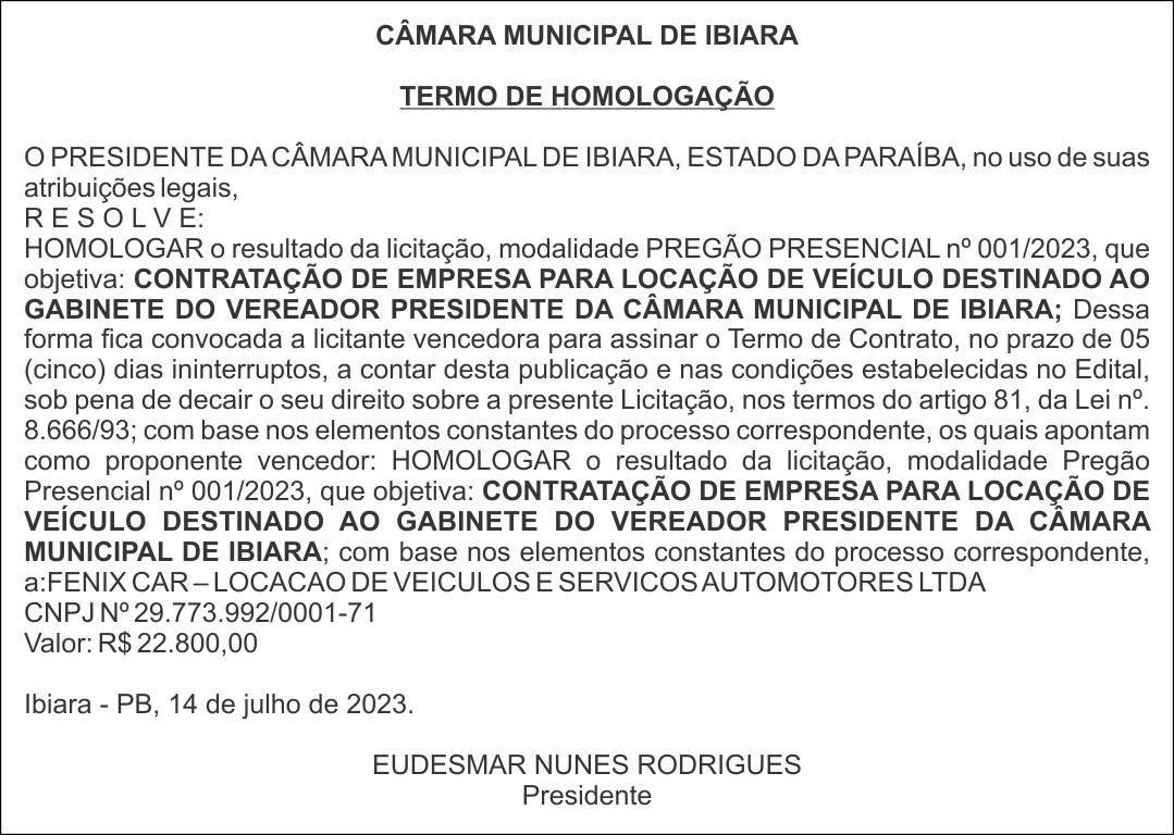 CÂMARA MUNICIPAL DE IBIARA – TERMO DE HOMOLOGAÇÃO