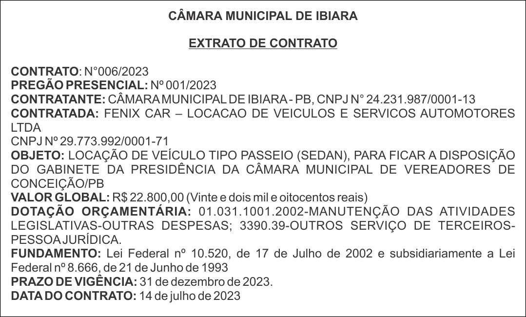CÂMARA MUNICIPAL DE IBIARA – EXTRATO DE CONTRATO