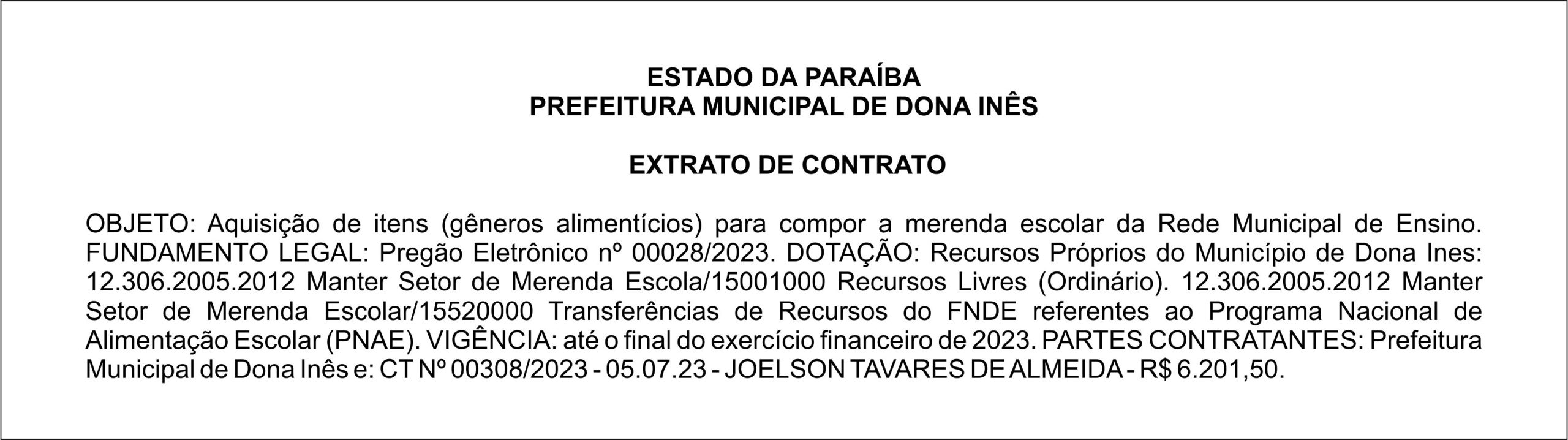 PREFEITURA MUNICIPAL DE DONA INÊS – EXTRATO DE CONTRATO – Pregão Eletrônico nº 00028/2023.