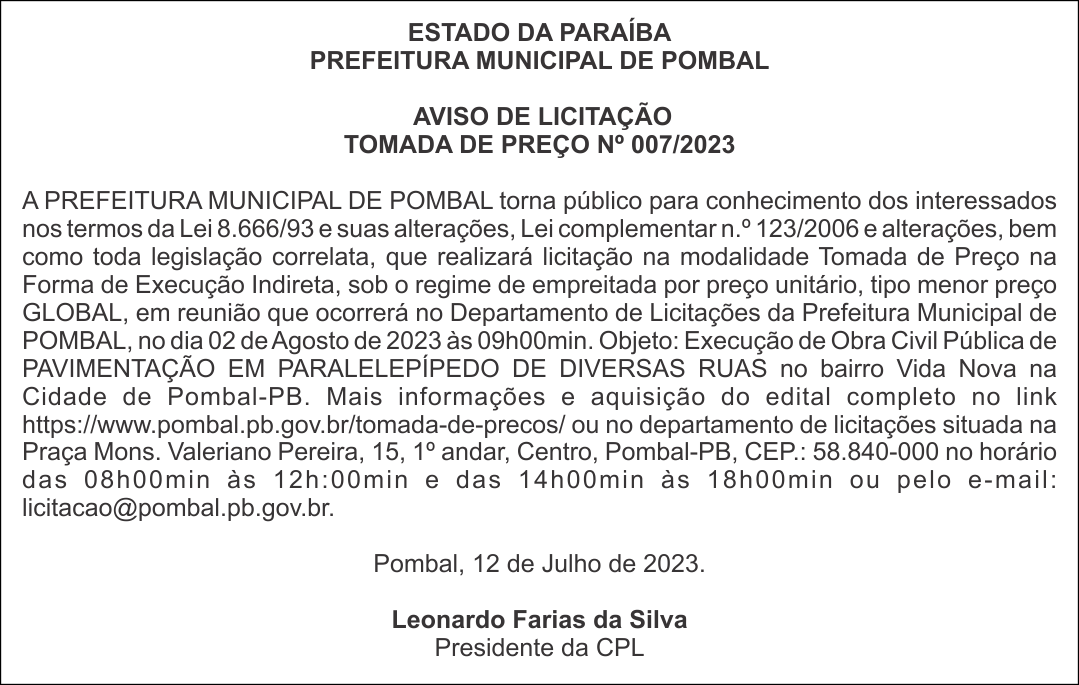 PREFEITURA MUNICIPAL DE POMBAL – AVISO DE LICITAÇÃO – TOMADA DE PREÇO Nº 007/2023
