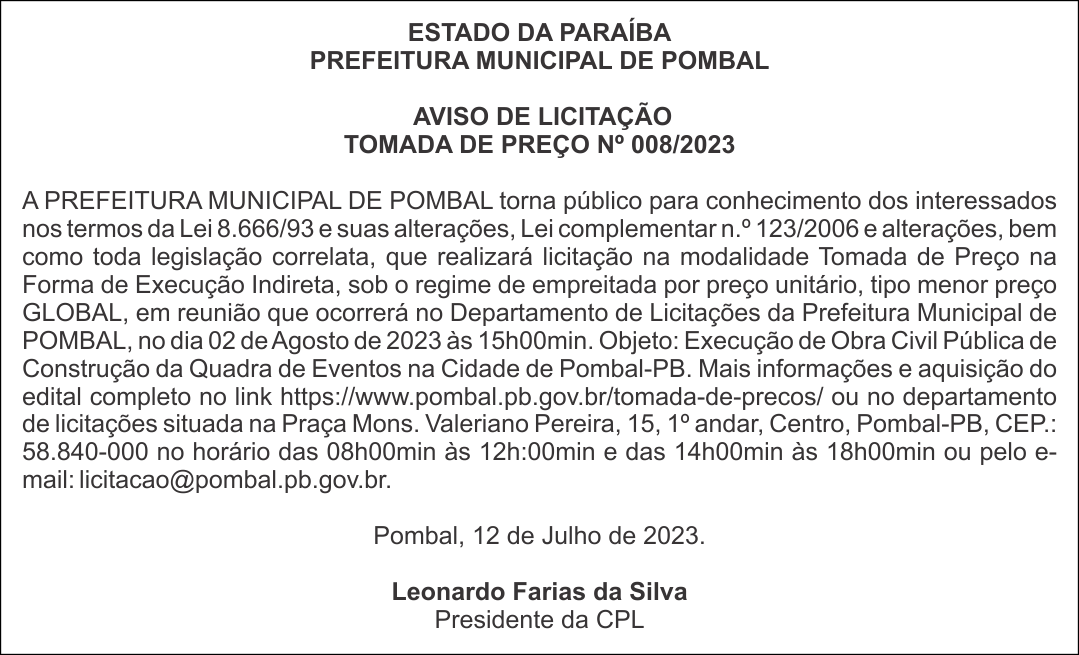 PREFEITURA MUNICIPAL DE POMBAL – AVISO DE LICITAÇÃO – TOMADA DE PREÇO Nº 008/2023