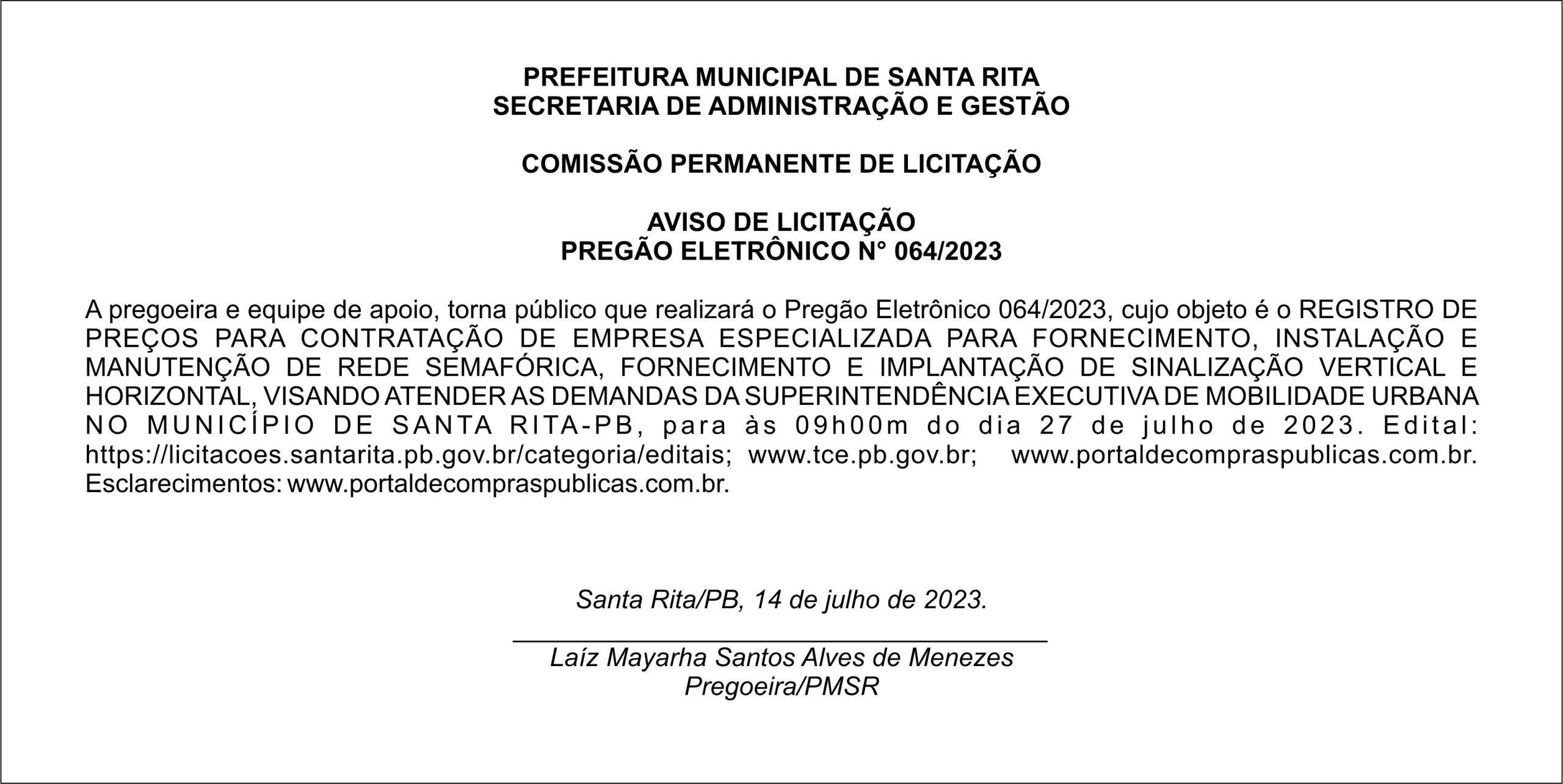 PREFEITURA MUNICIPAL DE SANTA RITA – AVISO DE LICITAÇÃO – PREGÃO ELETRÔNICO N° 064/2023