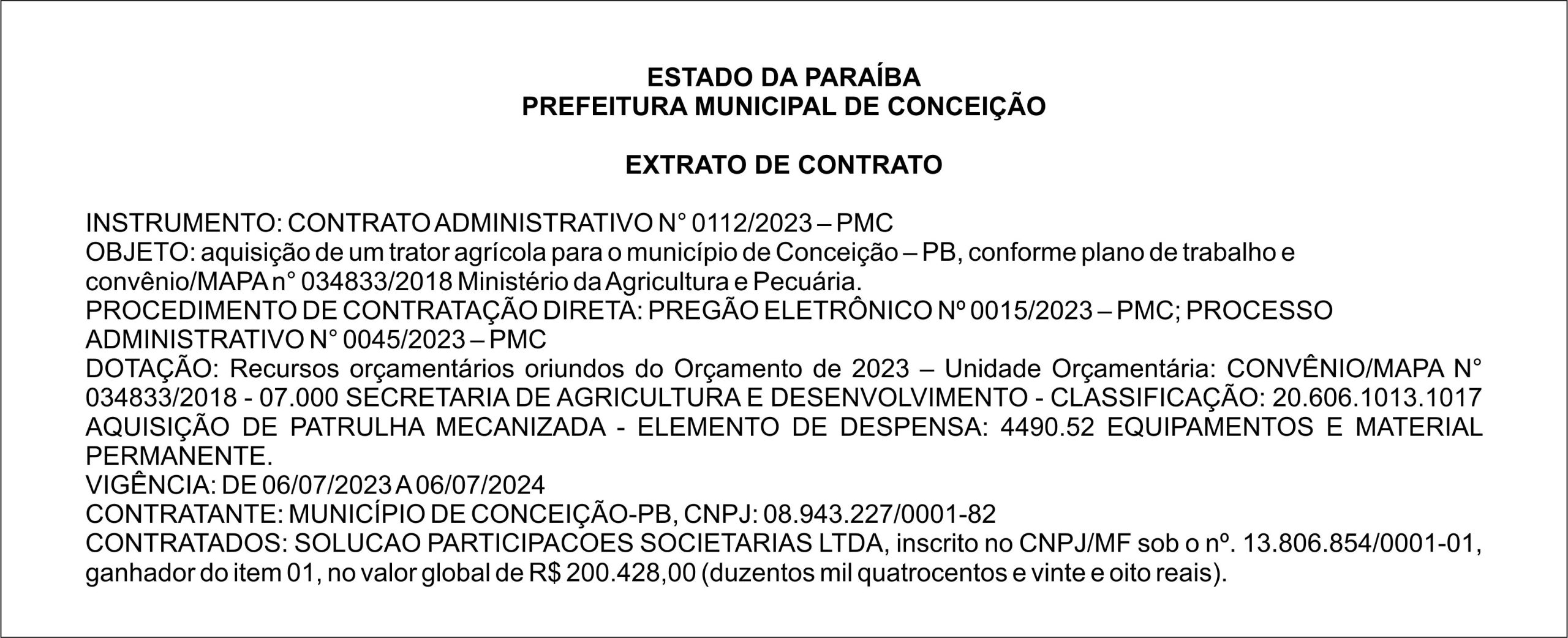 PREFEITURA MUNICIPAL DE CONCEIÇÃO – EXTRATO DE CONTRATO – PREGÃO ELETRÔNICO Nº 0015/2023
